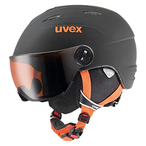 uvex junior visor pro - Skihelm für Kinder - mit Visier - individuelle Größenanpassung - black-orange matt - 52-54 cm