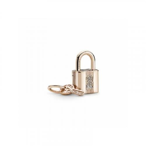 Pandora Unisex Padlock And Key 14K Rose Gold-Plated Dangle With Clear Cubic Zirconia