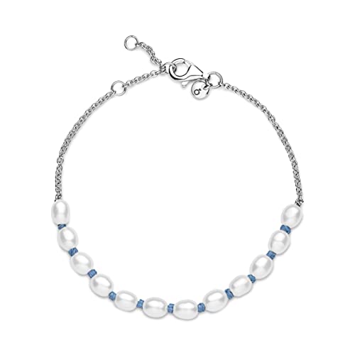 Pandora Unisex Sterling Silver Bracelet With White Freshwater Cultured Pearl And Blue Cord