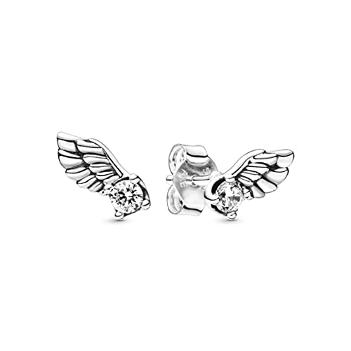 Pandora Boucles d'oreilles clous en argent sterling pour femmes avec ailes d'ange et zircone cubique transparente.