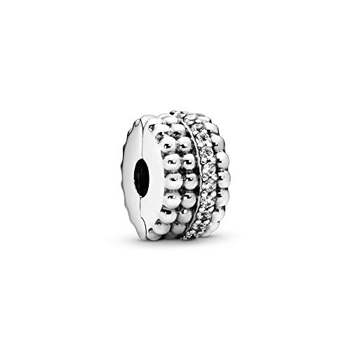 Pandora Unisex Beaded Silver Clip With Clear Cubic Zirconia