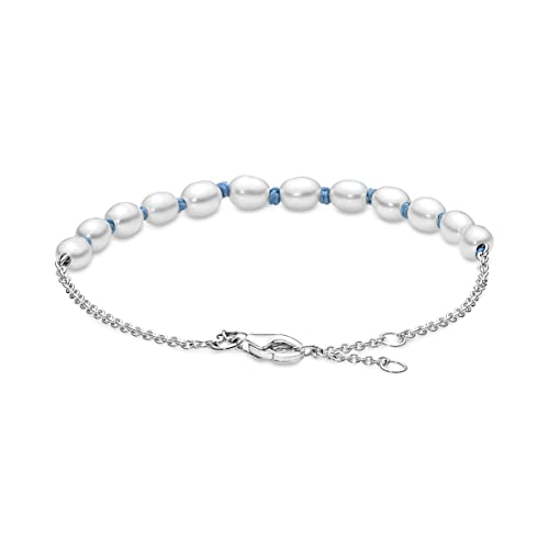 Pandora Unisex Sterling Silver Bracelet With White Freshwater Cultured Pearl And Blue Cord