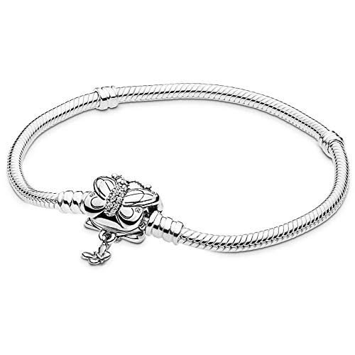 Pandora Women's Snake Chain Silver Bracelet And Butterfly Clasp With Clear Cubic Zirconia