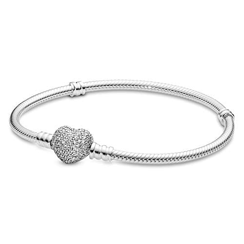 Pandora Unisex Silver Bracelet With Heart-Shaped Clasp And Cubic Zirconia