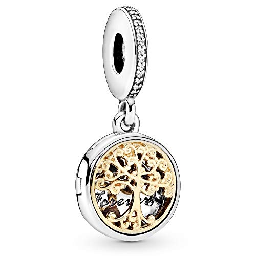 Pandora Unisex Family Tree Openable Silver Dangle With 14K And Clear Cubic Zirconia