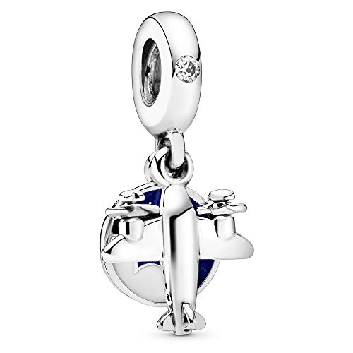 Pandora Unisex Airplane Silver Dangle With Clear Cubic Zirconia, Blue And White Enamel